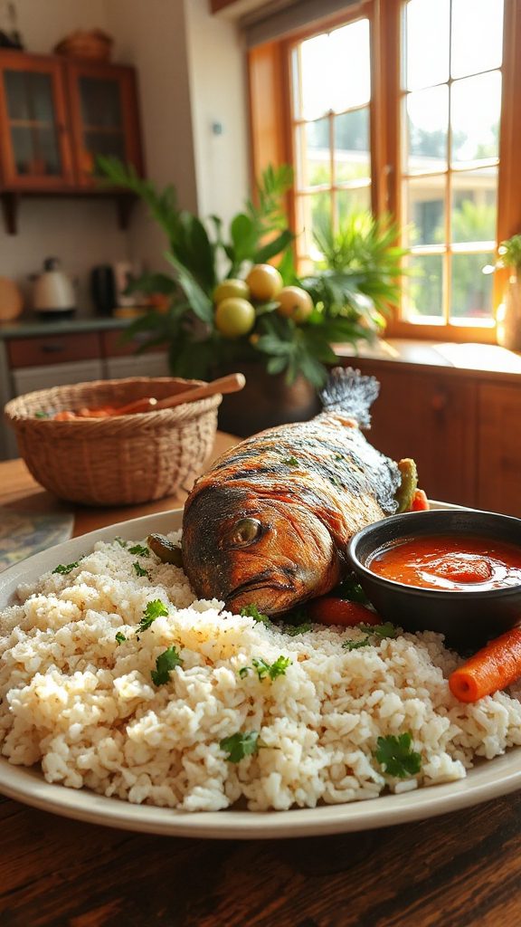coconut rice with spiced fish