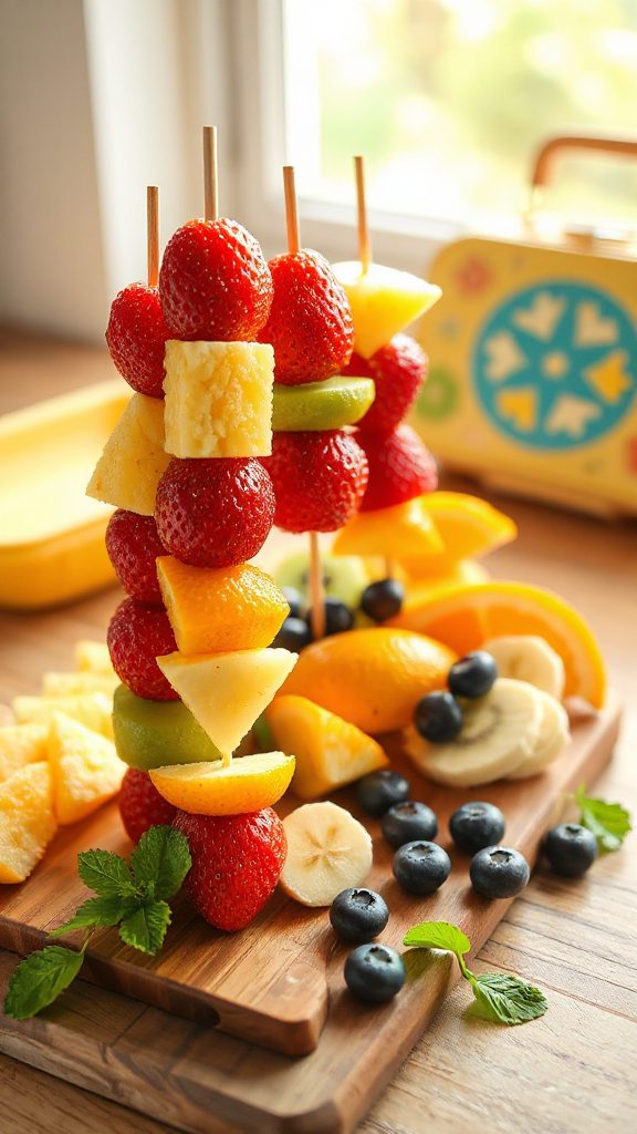 colorful fruit skewered snacks