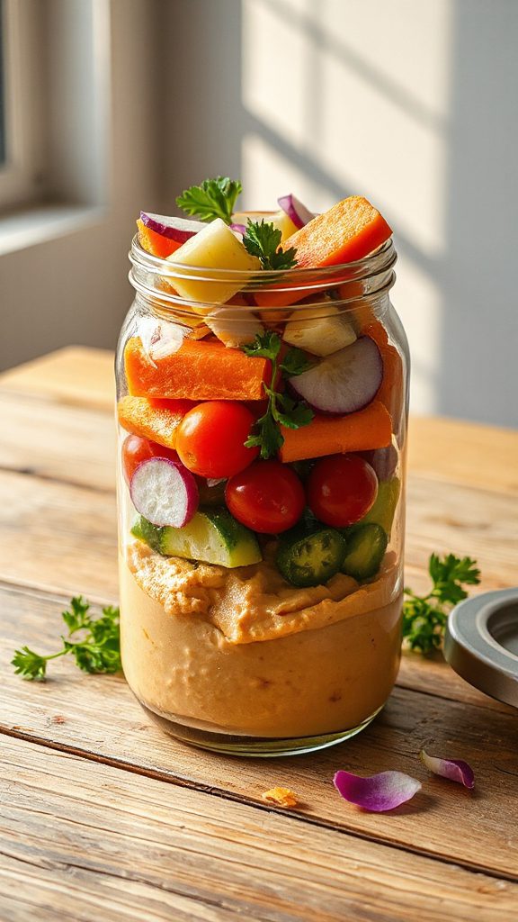 colorful veggie hummus jar