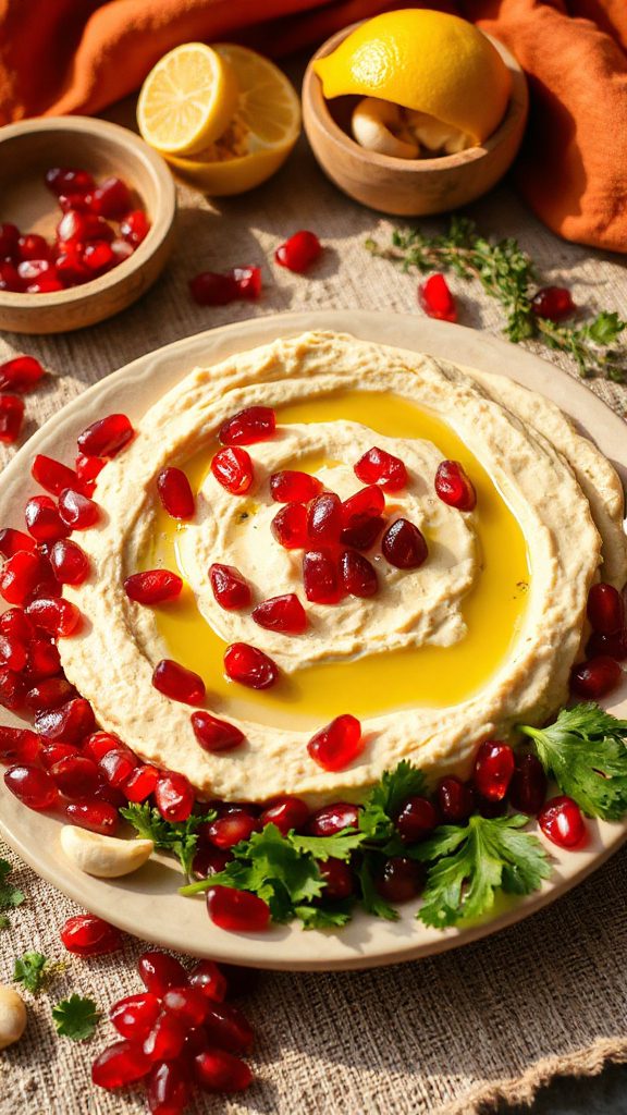 creamy hummus with pomegranates