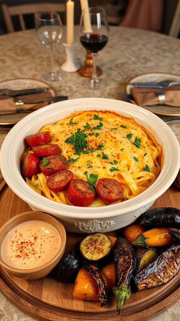 creamy merguez pasta bake