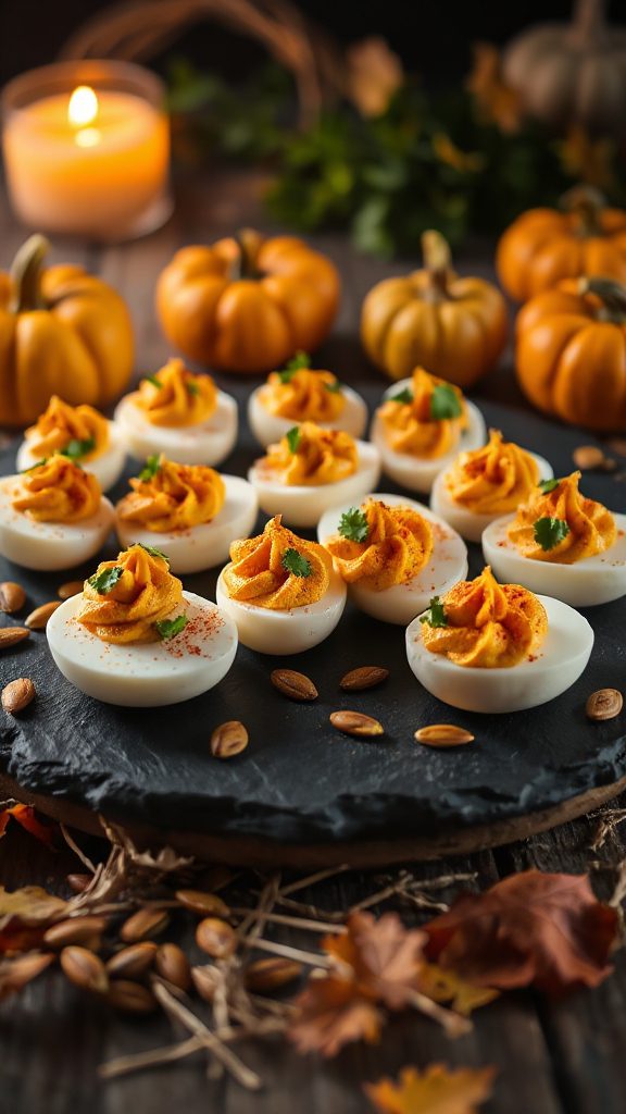 festive pumpkin deviled eggs