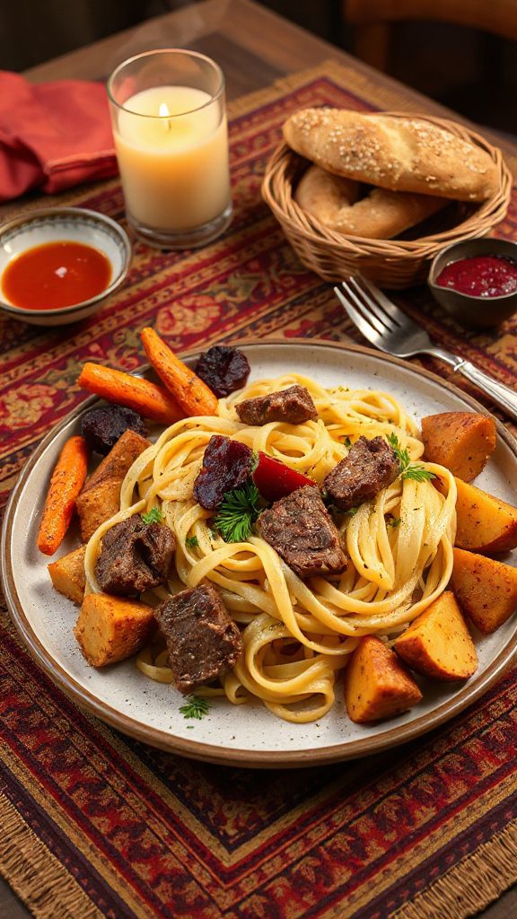 hearty beshbarmak with vegetables