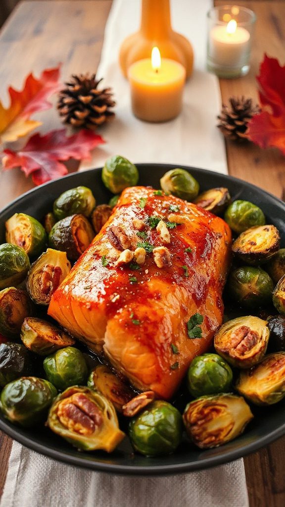 maple glazed salmon with brussels sprouts