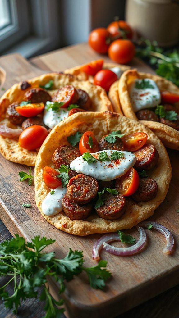 merguez flatbreads with harissa