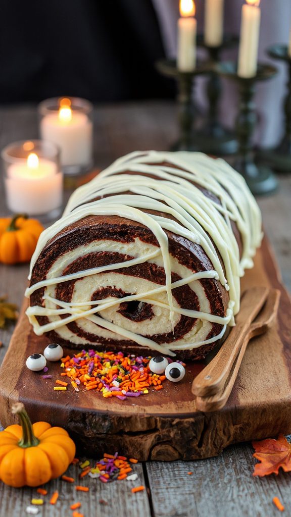 mummy themed chocolate roulade dessert