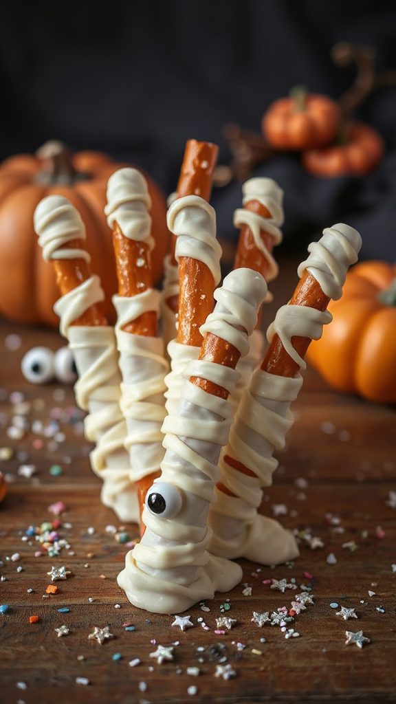 mummy wrapped pretzel halloween treats