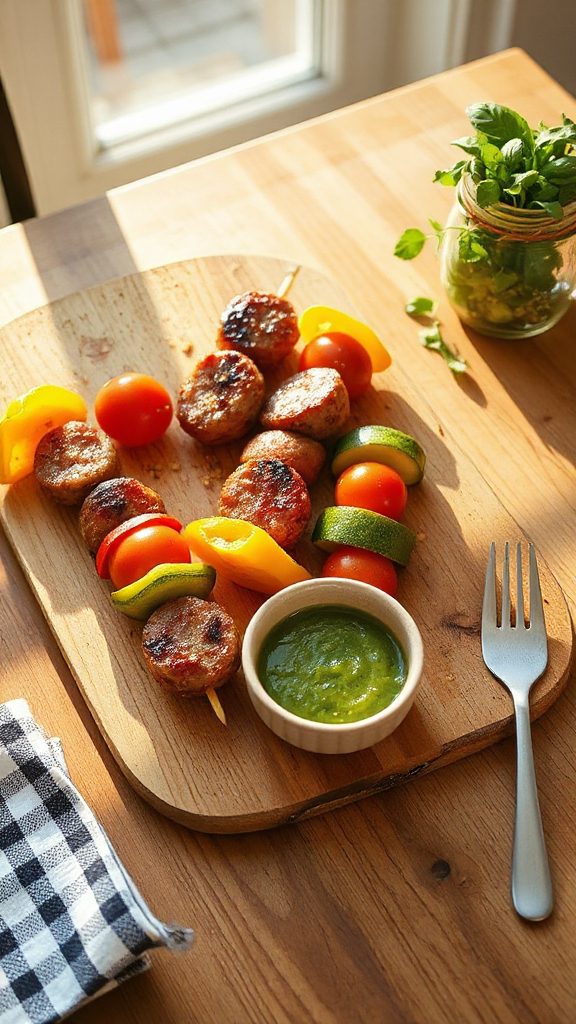 sausage and veggie skewers sausage and veggie skewers