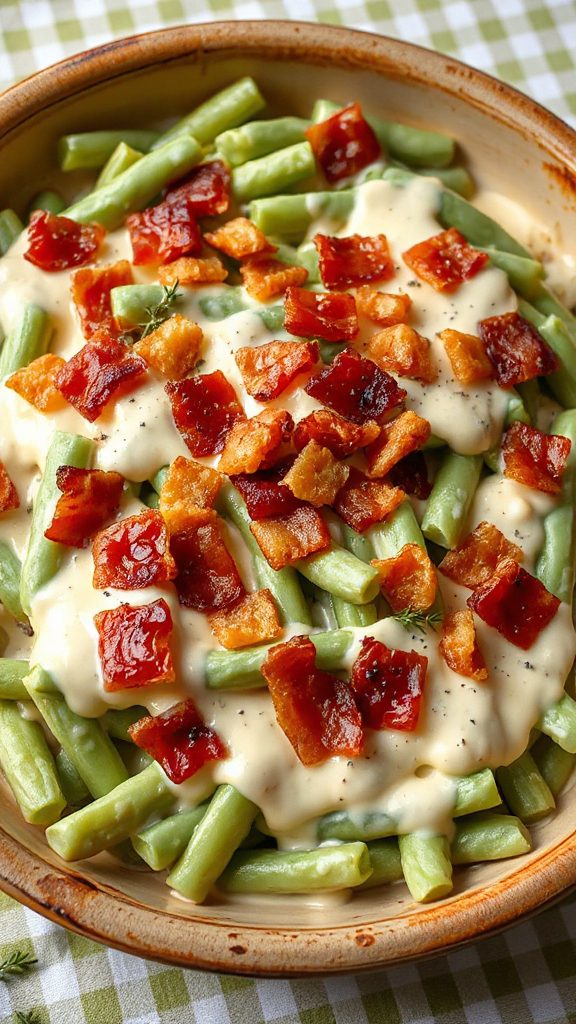 savory bacon topped green beans