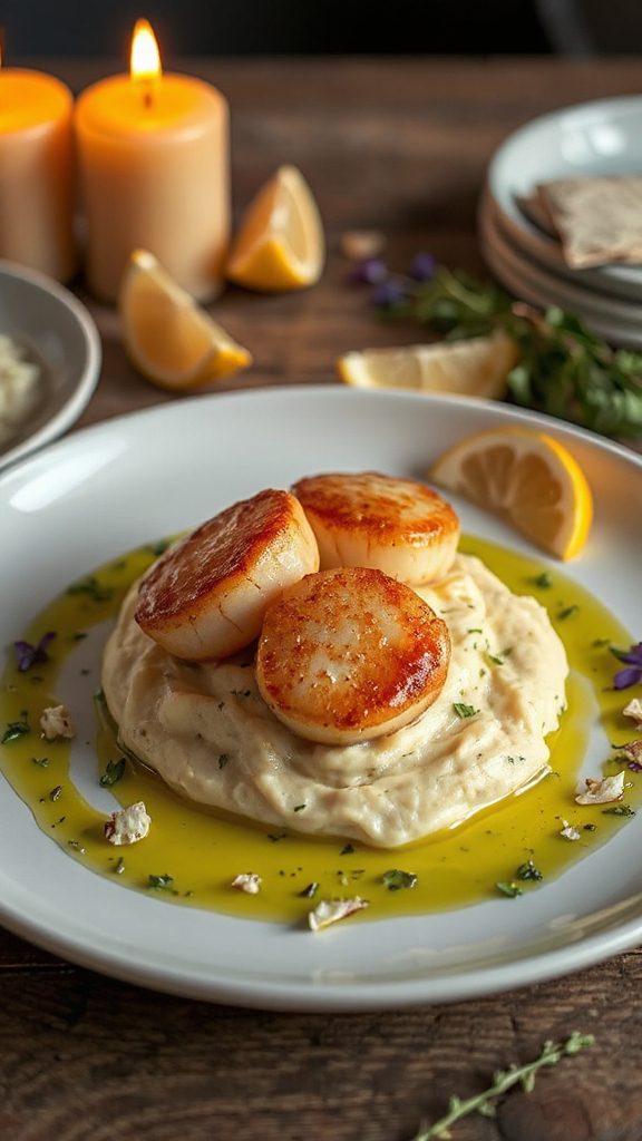 seared scallops on potatoes