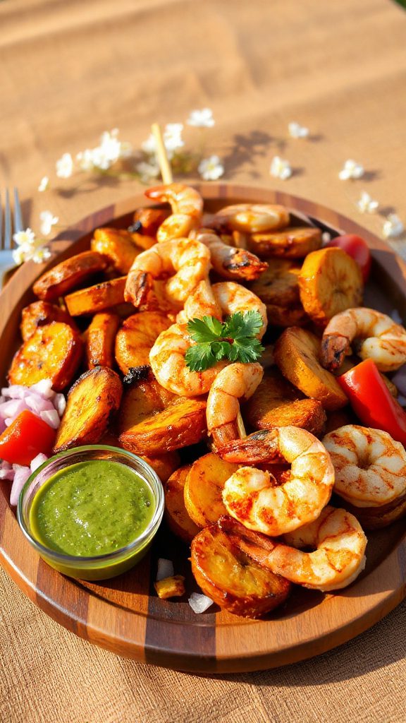 shrimp and kelewele skewers