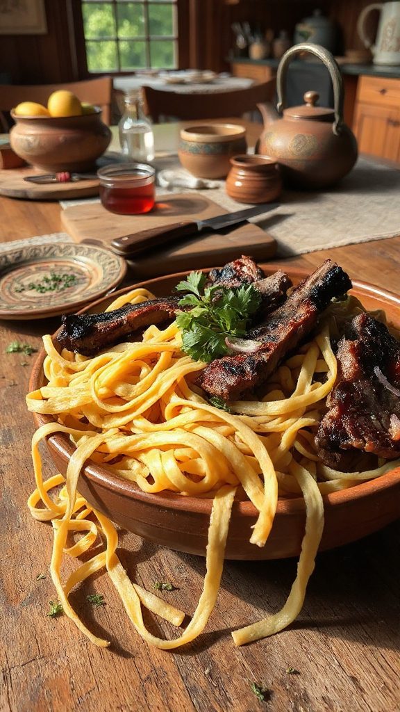 smoky beshbarmak with meat
