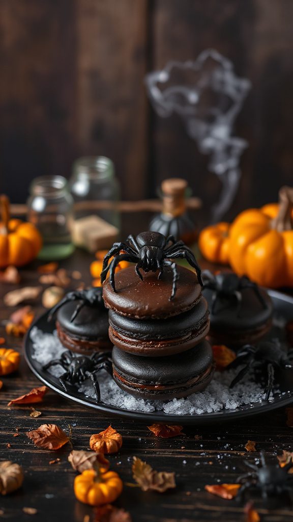 spooky chocolate spider macarons