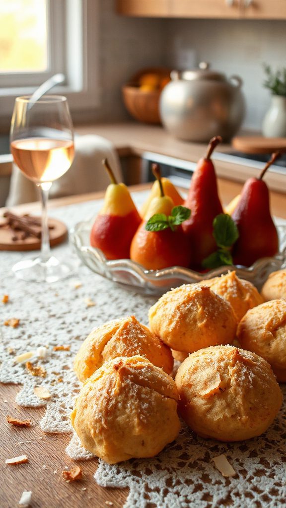 coconut macaroons with poached pears coconut macaroons with poached pears