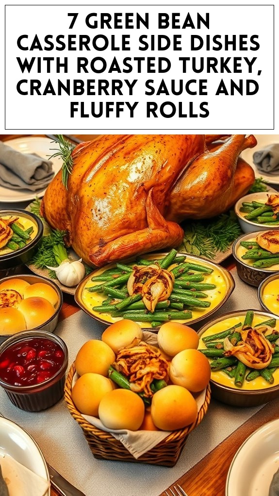 7 Green Bean Casserole Side Dishes With Roasted Turkey, Cranberry Sauce and Fluffy Rolls