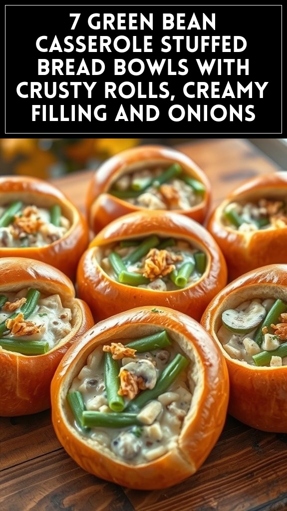 7 Green Bean Casserole Stuffed Bread Bowls With Crusty Rolls, Creamy Filling and Onions