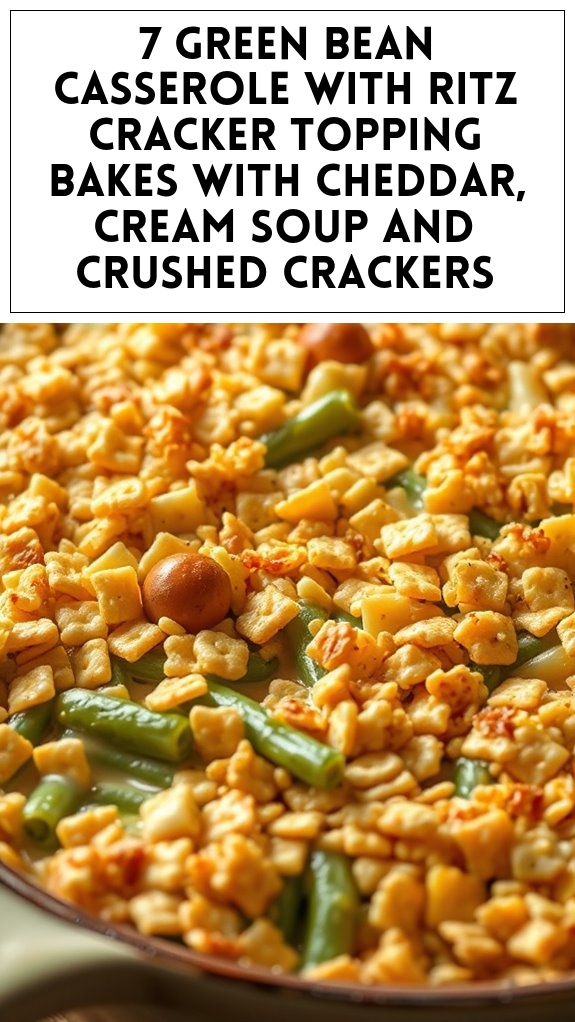 7 Green Bean Casserole With Ritz Cracker Topping Bakes With Cheddar, Cream Soup and Crushed Crackers