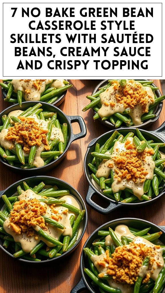 7 No Bake Green Bean Casserole Style Skillets With Sautéed Beans, Creamy Sauce and Crispy Topping