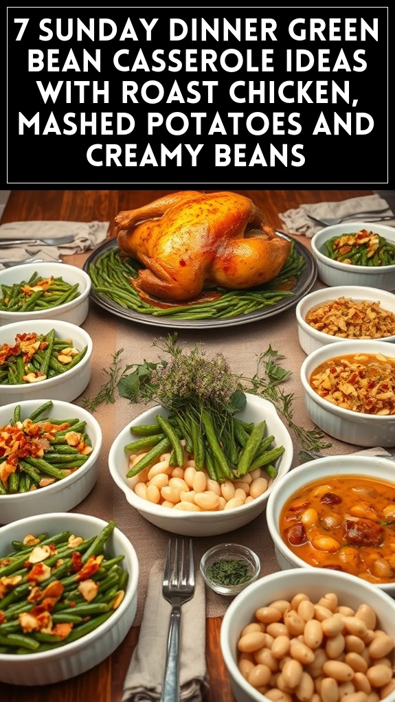 7 Sunday Dinner Green Bean Casserole Ideas With Roast Chicken, Mashed Potatoes and Creamy Beans