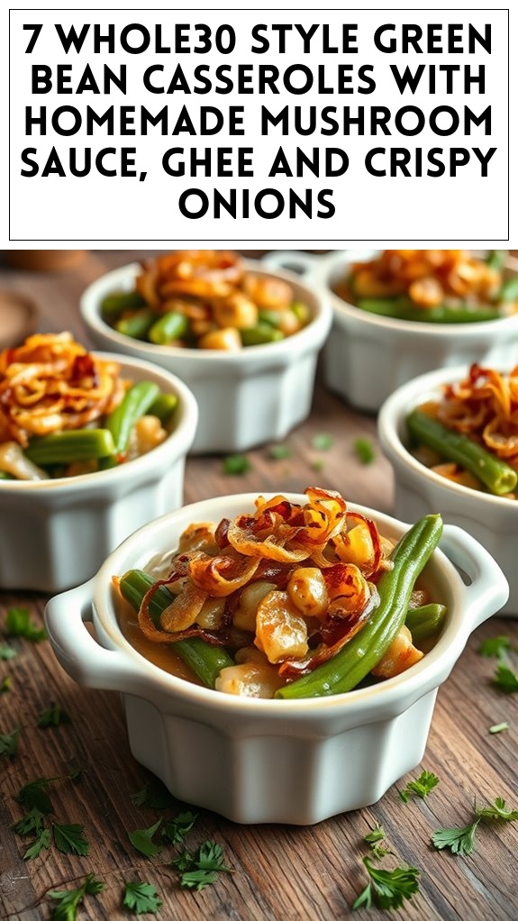 7 Whole30 Style Green Bean Casseroles With Homemade Mushroom Sauce, Ghee and Crispy Onions