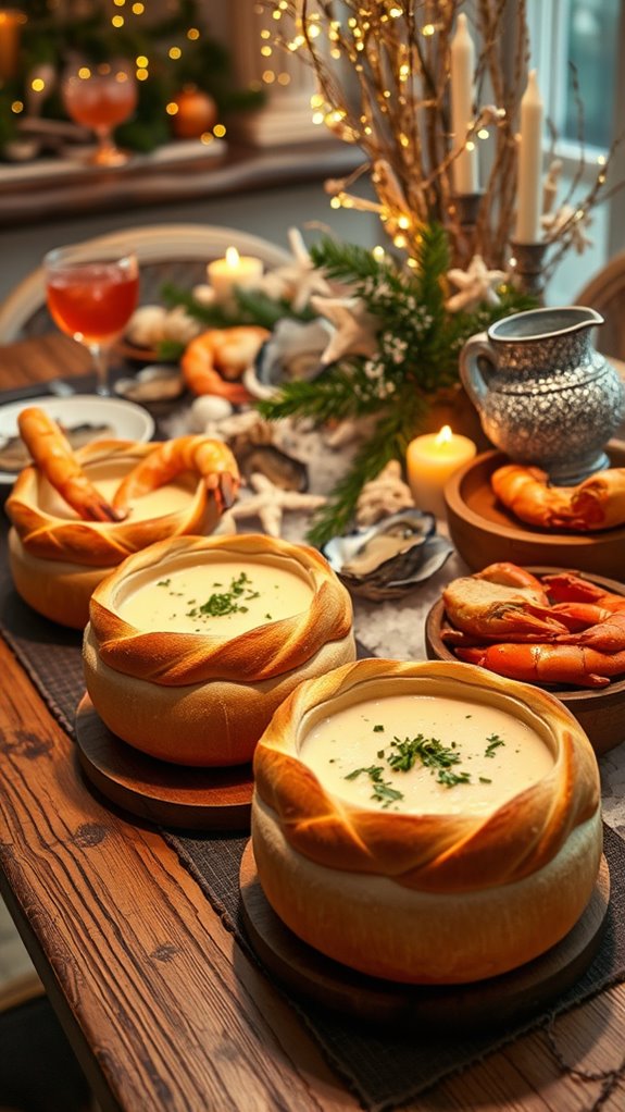 clam chowder in bread bowls