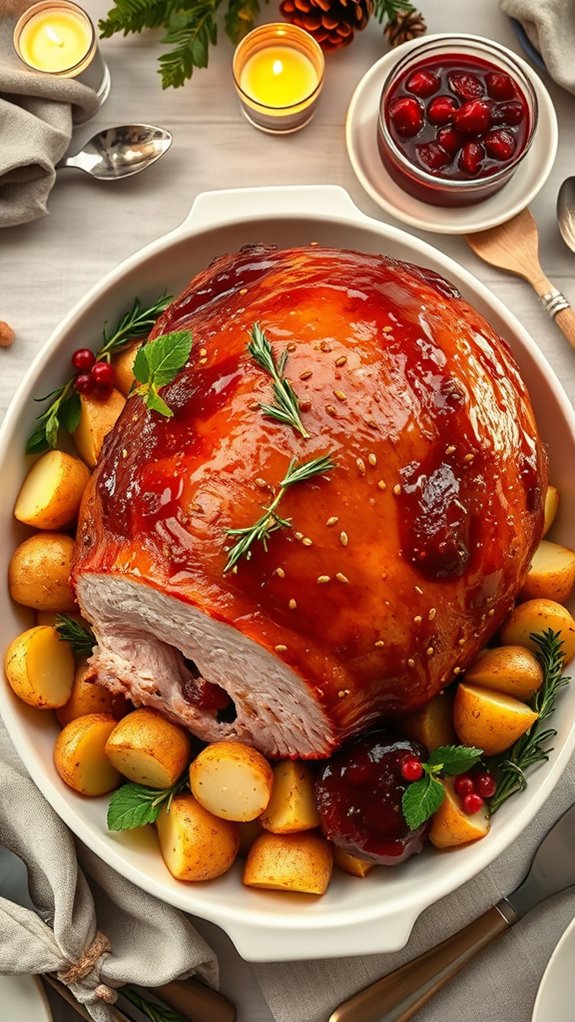 glazed ham with garlic potatoes