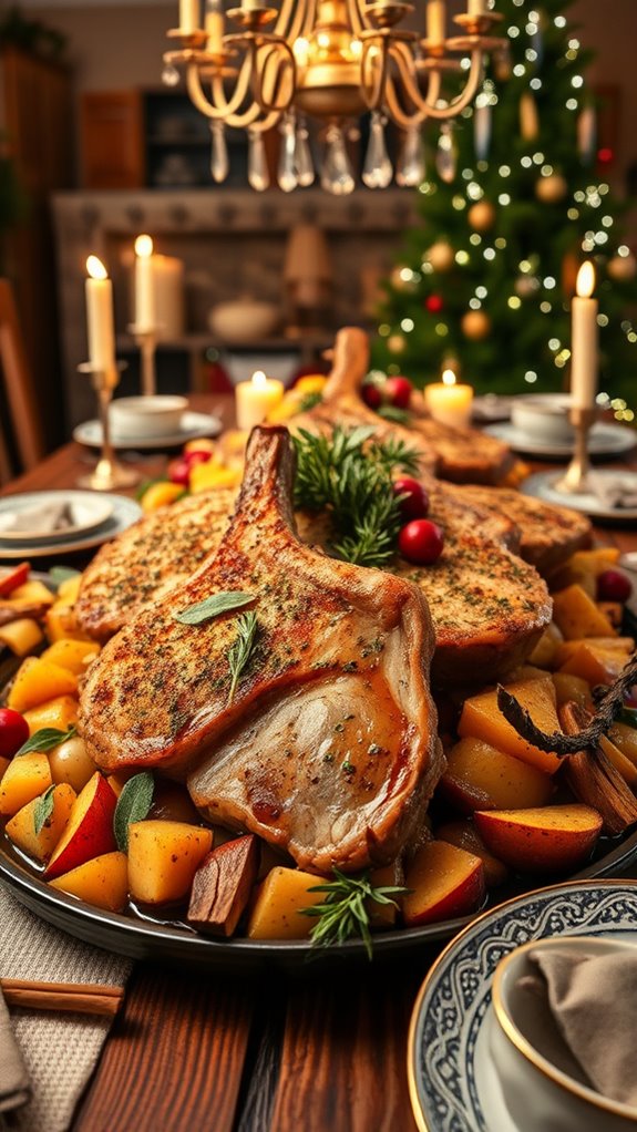 herb crusted pork chops served