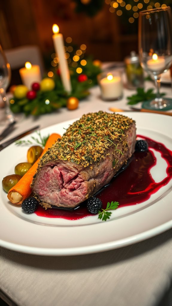 herb crusted venison with blackberry sauce