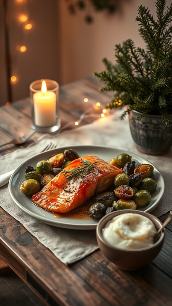 maple glazed salmon with brussels