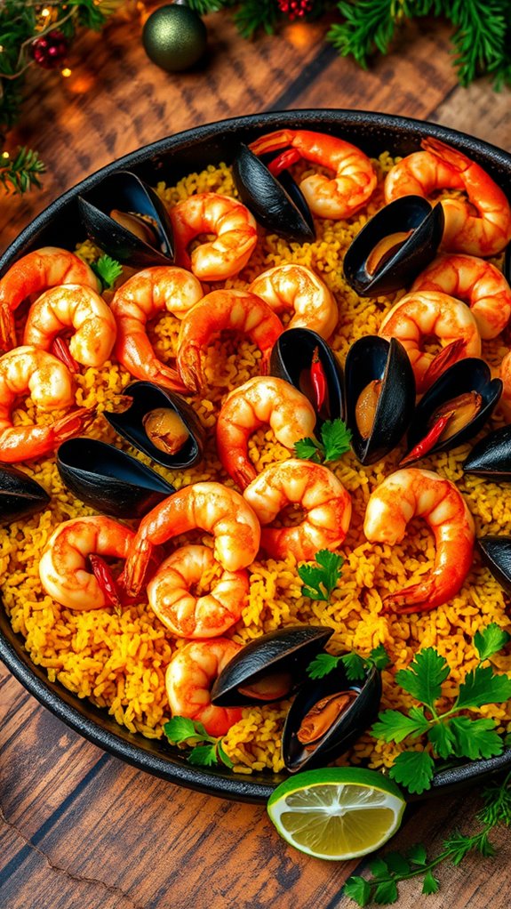 spicy seafood paella preparation
